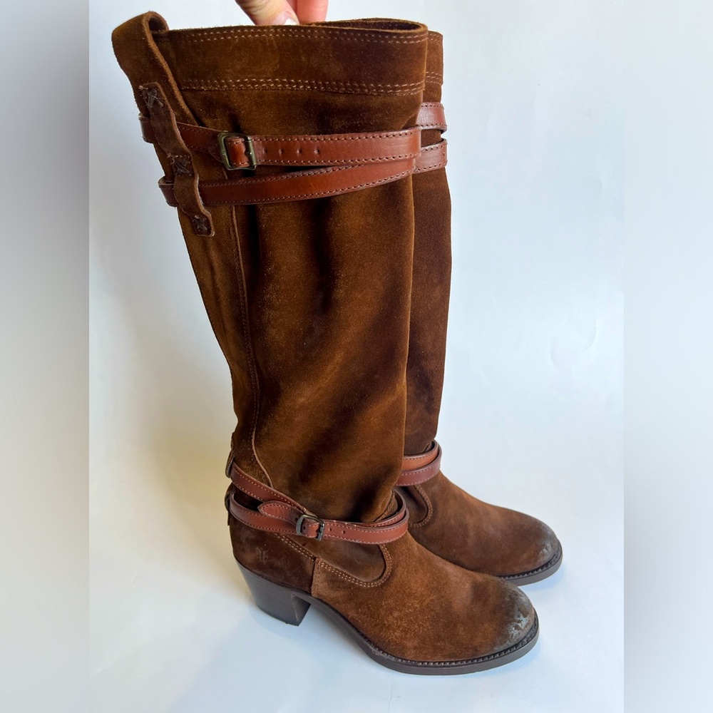 FRYE Women's 5.5 Jane Strappy Boot Pull On Stacked Heel Suede Leather Round Toe